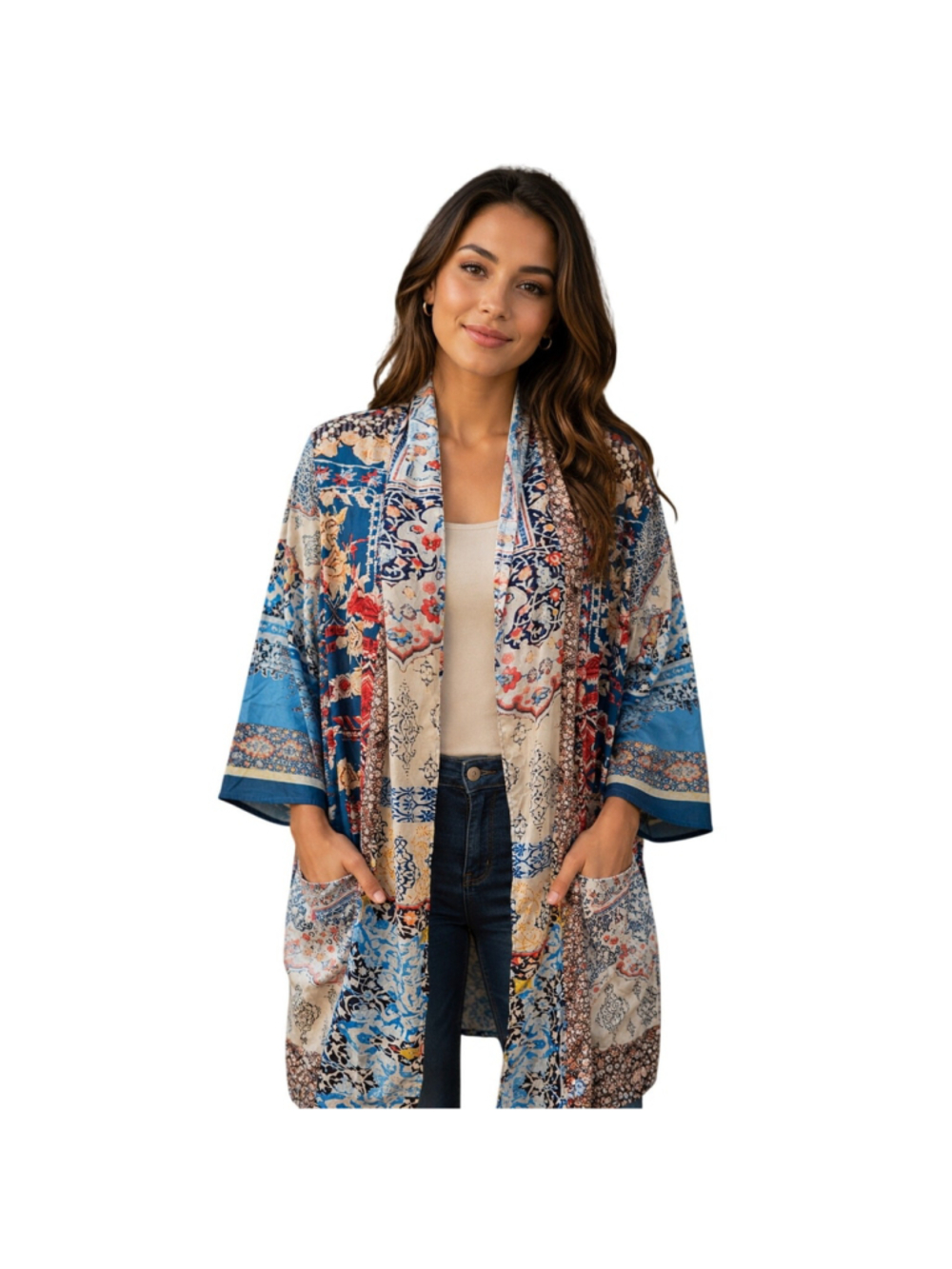 Misslook sz 2XL pocket kimono polyester patchwork EUC career casual colorful